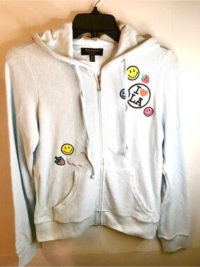 Juicy Couture Light Blue Kids Zip Hoodie with Smiley & Patch Accents